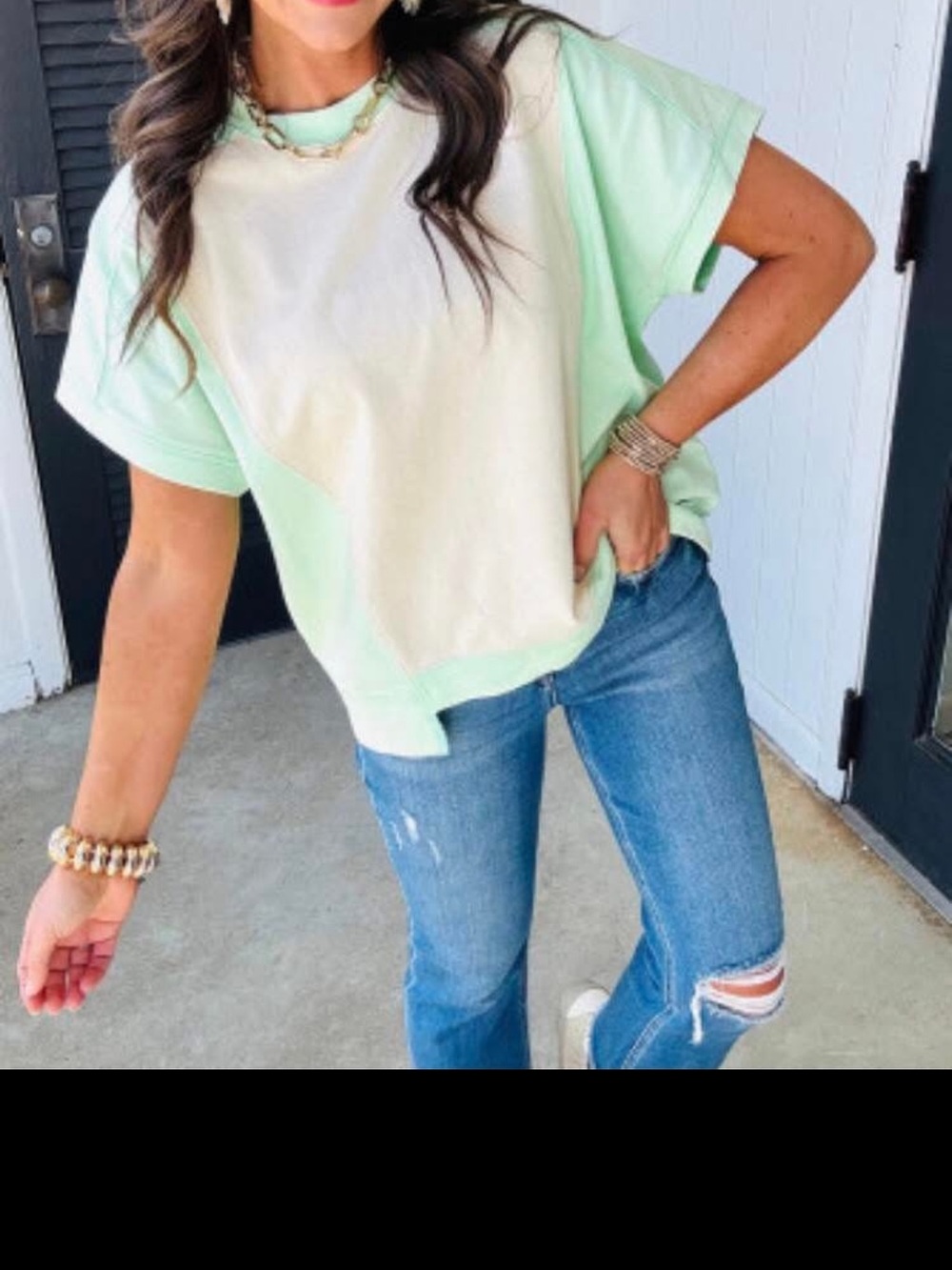 Casual Mint & Cream Colorblock Short Sleeve Top